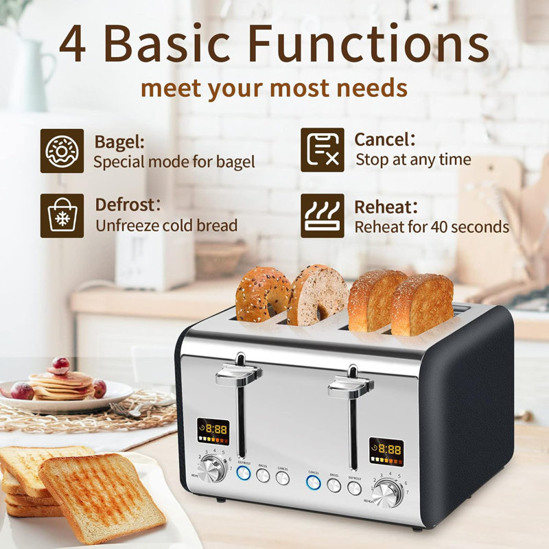 Toaster 4 Slice, Stainless Steel Bread Toaster LCD Display, 7 Bread Shade Settings, 1.4'' Wide Slots