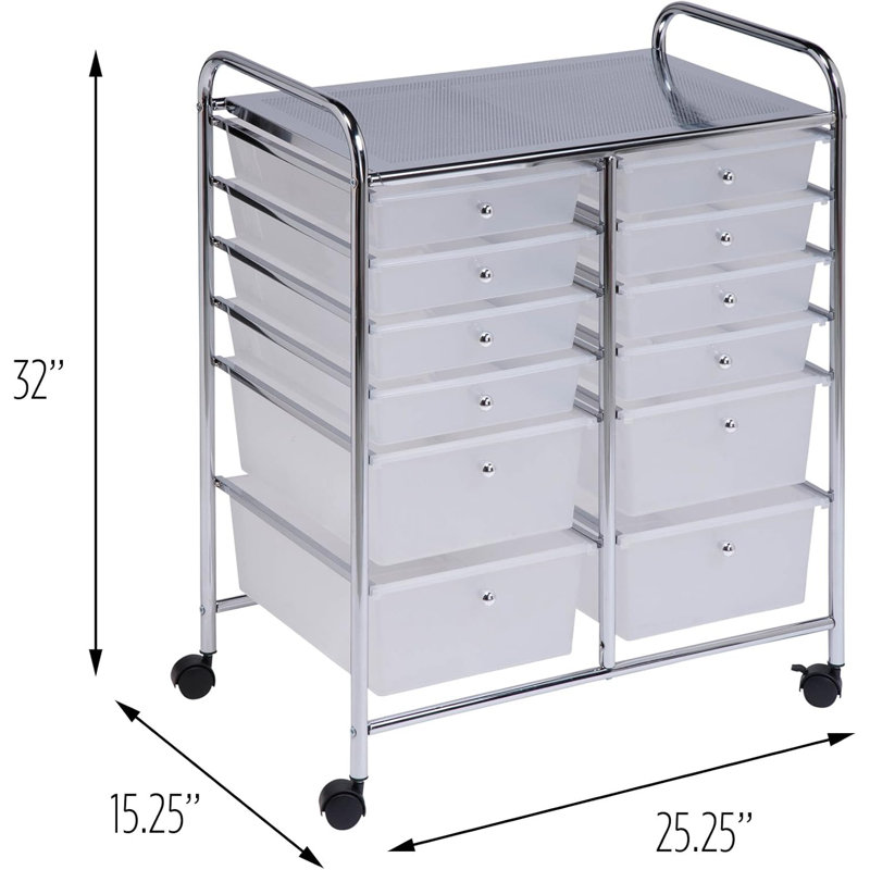 12-Drawer Rolling Storage Cart With Locking Wheels, Semi-Transparent Plastic Drawers, And Durable Work Surface For Home, Office, Or Craft Organization