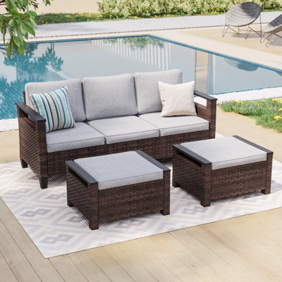 3 Piece Patio Sofa with Ottomans, All-Weather PE Rattan Wicker Sofa