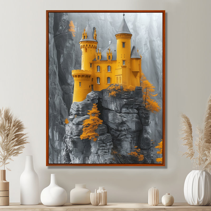 Décoration murale château fort en montagne III - Châteaux, Toile avec cadre flottant brun, H 20 po x l 12 po x P 1 po