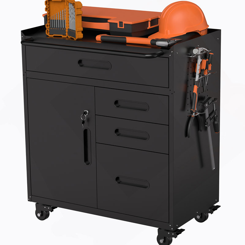 Mobile Tool Storage Cabinet - Garage Organizer With Lockable Compartment & 4 Drawers