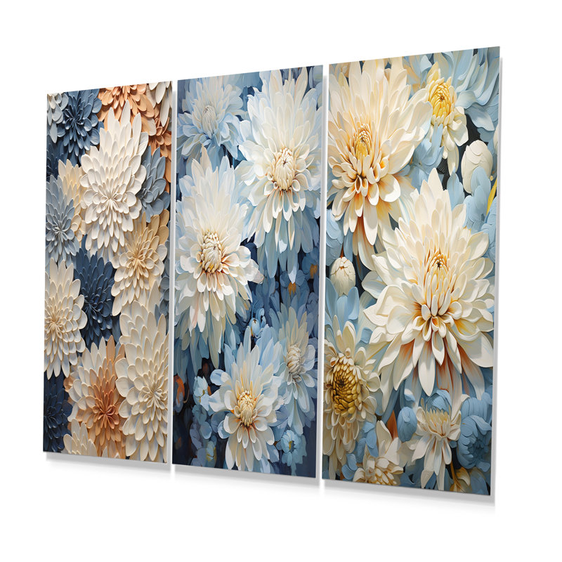 «Garden Bliss Mums» en blanc et bleu - ensemble de 3 décorations murales en métal Mums, H 28 po x l 36 po