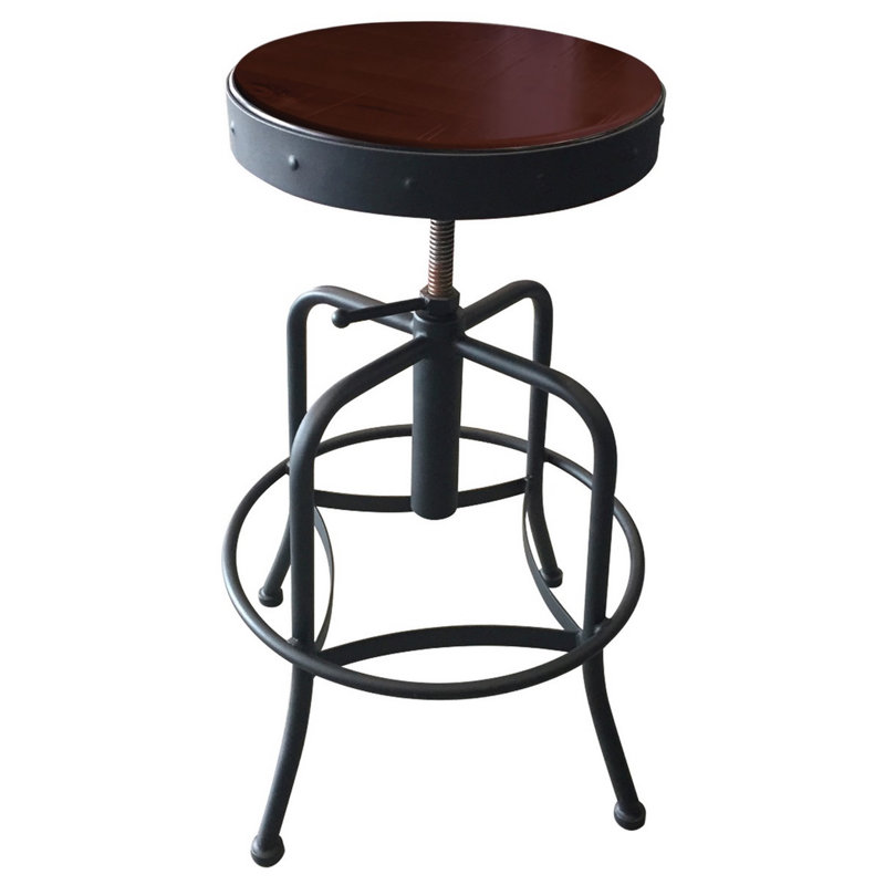 Industrial Adjustable Stool, Wood- Dark Cherry, Black Wrinkle