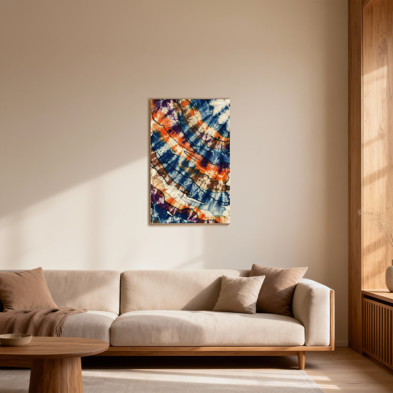 Motif abstrait Tie Dye abstrait aux teintes bleu orange et mauve, H 18 po x l 12 po