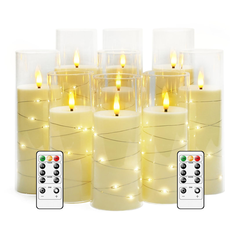 Flameless LED Candles with Timer, 9 Pieces Flickering Flameless Candles, Create Romantic Atmosphere and Home Decoration, Stable Acrylic Shell with Embedded Star String