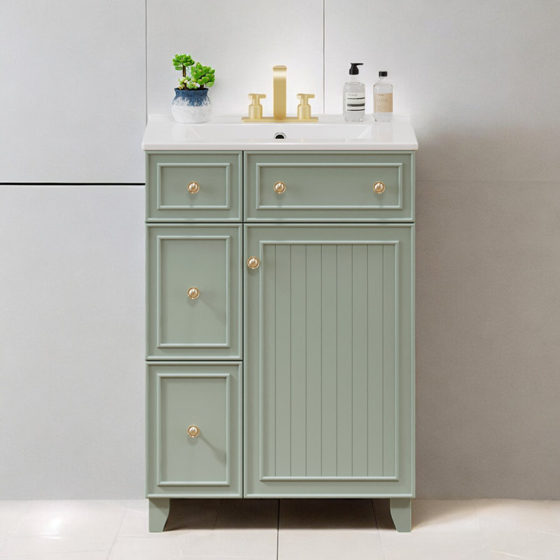Norreen 24 " W Freestanding Standard Free Standing 1 Single Vanity Bathroom Vanity With Ceramic Top, Green, Gold