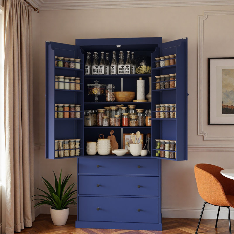 Garde-manger Farmhouse avec 3 tablettes réglables, 8 tablettes de porte et 3 tiroirs