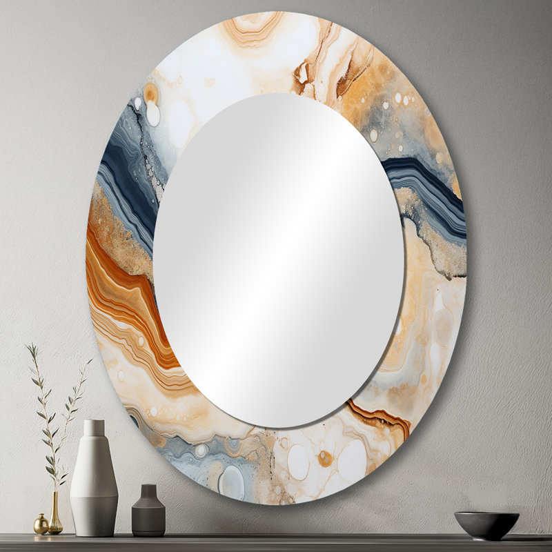 Géode de pierre minimalisme bleue et orange - Paysages, miroir décoratif ovale sur métal, H 43 po x l 33 po