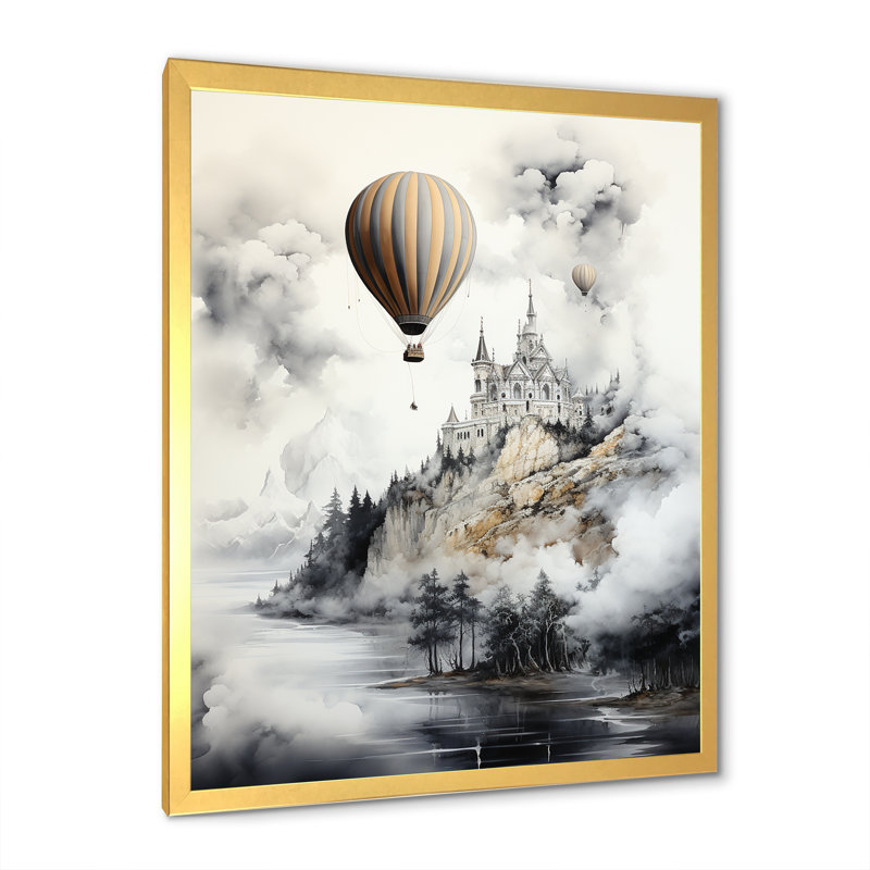 Vol en montgolfière monochrome, Encadrement doré, H 44 po x l 34 po x P 1,5 po