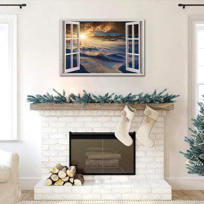 Grande toile d'hiver vue de la fenêtre ouverte, paysage enneigé, impressions sur toile, paysage d'hiver, lever de soleil, peinture prête à être suspendue, œuvre d'art encadrée pour le salon, la chambre à coucher, le bureau