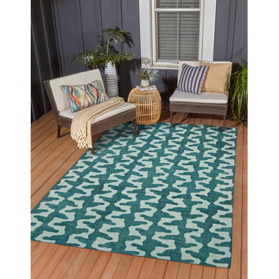 Kivett Stalk Aqua and Green Indoor Outdoor Machine Washable Area Rug