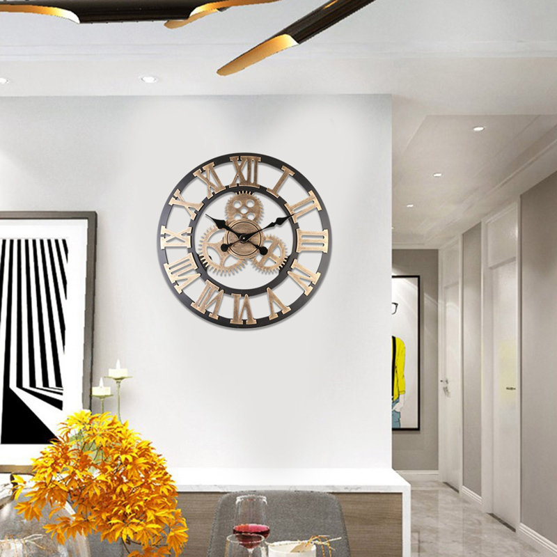 Horloge murale rustique 3D artisanale en bois, engrenage, style vintage, 58 cm, couleur or, idéale pour salon, bureau ou bar.