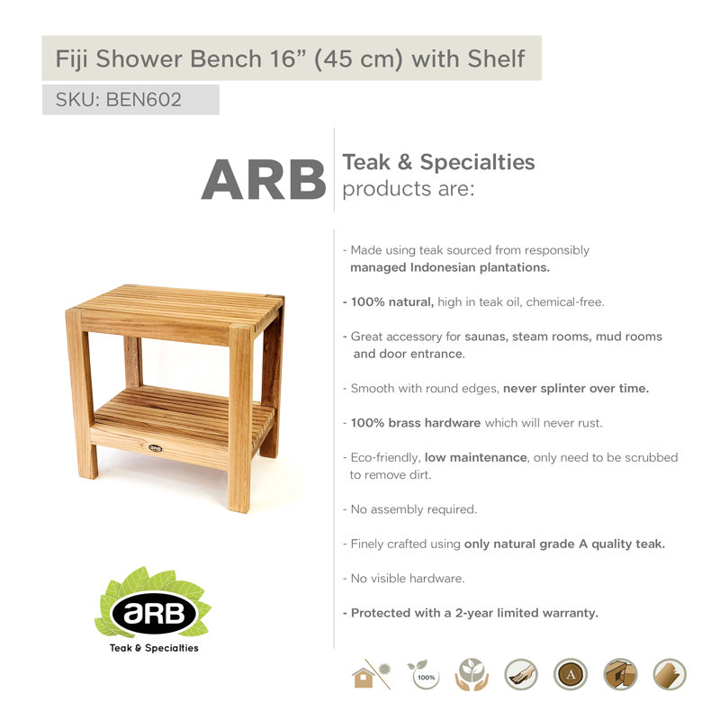 Fiji Teak Wood Shower Bench with Shelf, 18-inch