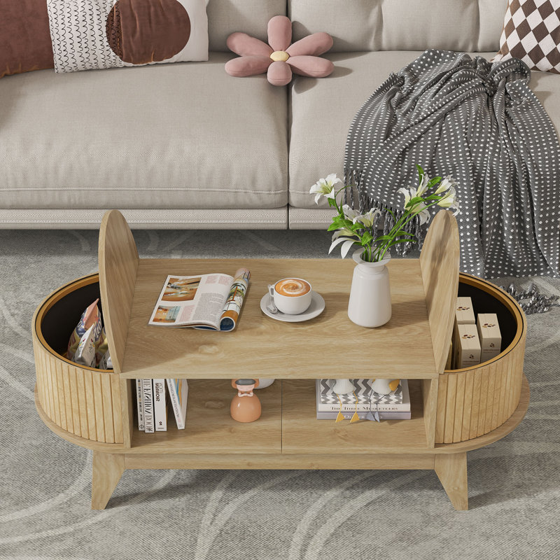 Mid-Century Modern Oval Wood Coffee Table with Storage