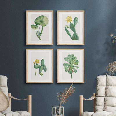 «Green Blooming Flower», ensemble de 4 fleurs de cactus du désert, impression murale encadrée sur papier, impression de 4 pièces