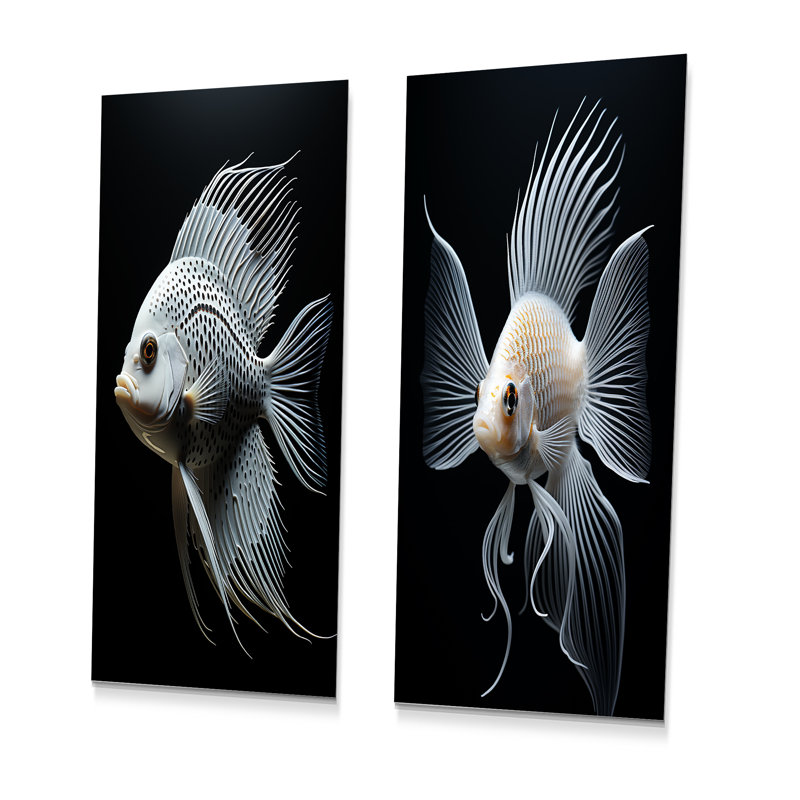 «Oceanic Minimalist» noir et blanc papillon poisson I - poisson papillon, ensemble de 2 impressions sur métal