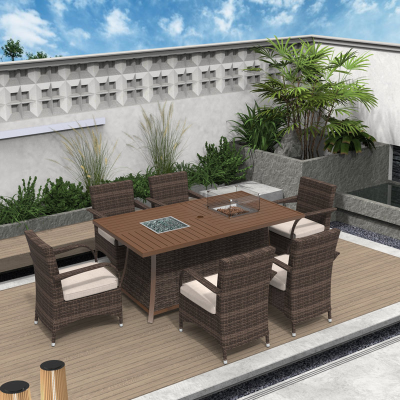 Cademon 6 - Person Wicker Patio Dining Set with Rectangular Table , Cushions Included, Brown