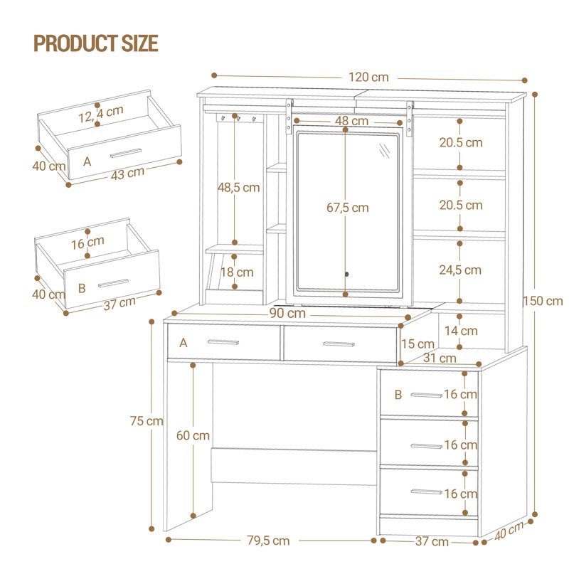 Dressing Table with Adjustable LED Lights, Removable Large Mirror, with Jewellery Storage, Open Shelves, 5 Drawers, with Beside table, for Bedroom