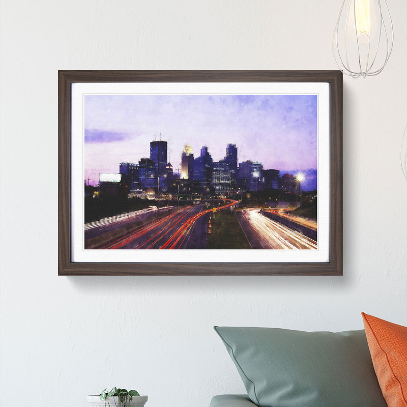 Minneapolis Skyline at Dusk - Picture Frame Graphic Art Print, 45cm H x 63cm W x 2cm D, Walnut Framed