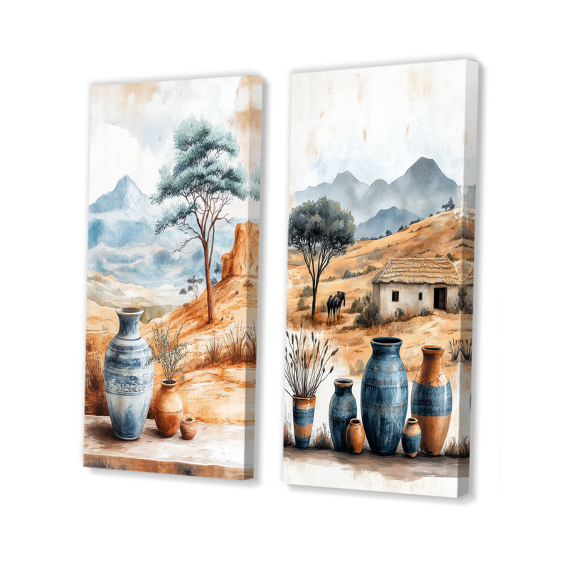 «Brown African Desert Pottery Serenity I - Boho Pottery Decor Art mural», ensemble de 2 pièces, H 28 po x l 24 po