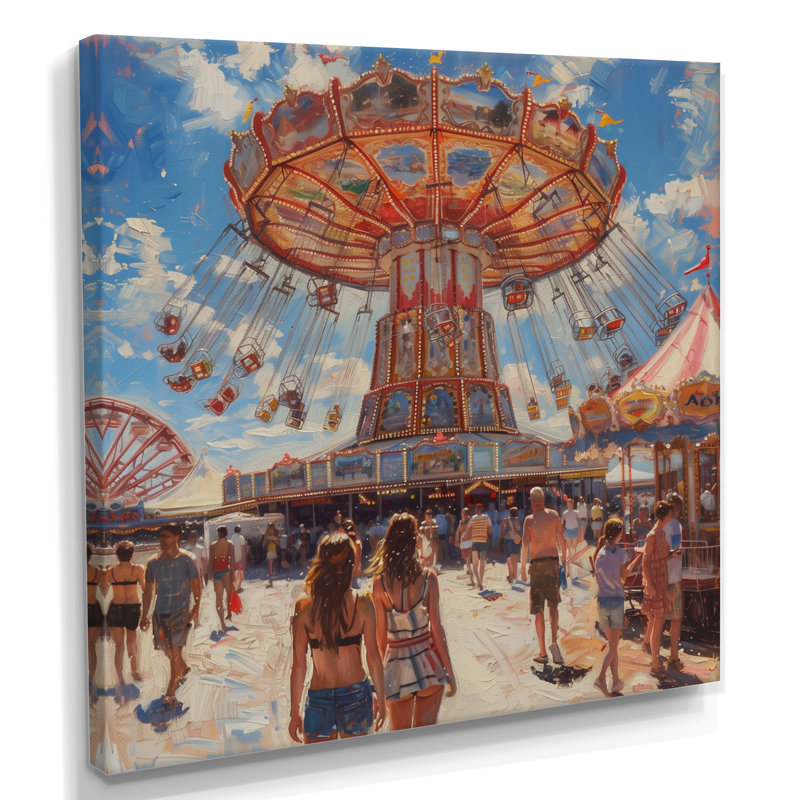 Carrousel de parc d'attractions orange et bleu - Décoration murale parcs d'attractions, Toile tendue, H 30 po x l 30 po