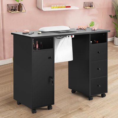 Hokku Designs Nail Beauty Manicure Desk With Storage Drawers, Nail Tech Table Station With Electric Downdraft Vent, Wrist Cushion, Lockable Wheels -  630AFE01384342A0B82C57C10D6ACAE9