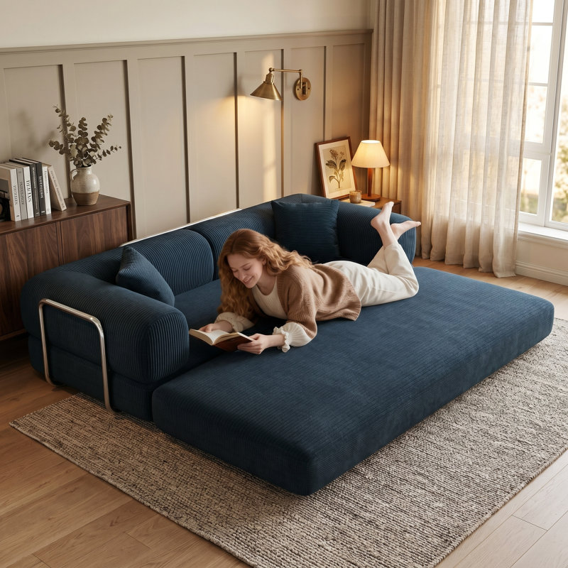 AquaWood Sectional Sofa — 78.8" Convertible Floor Sofa Bed with Pillow Back Support, Corduroy Fabric Loveseat, Blue