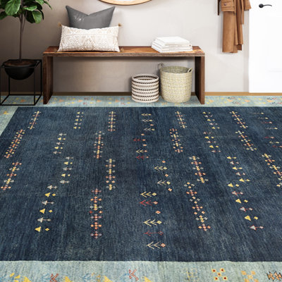 Tapis bleu / vert / jaune noué à la main de haute qualité