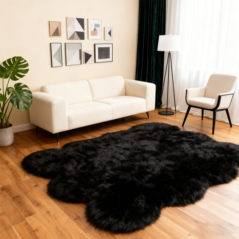 Soft Fluffy Black Faux Sheepskin Area Rug, Novelty 6' x 6'