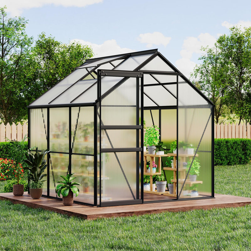 6x6 FT Walk-In Polycarbonate Greenhouse, Heavy Duty Aluminum Frame with Lockable Door, Adjustable Roof Vent & Gutter System, Weather-Resistant for Outdoor Garden - Black Oxidation