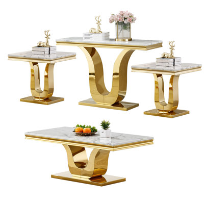 Faux Marble Coffee Table Set of 4, Modern Living Room Table Set Includes 1 Coffee Table, 1 Console Sofa Table and 2 End Side Tables for Living Room, White Faux Marble Top with U-Shaped Stainless Steel Frame