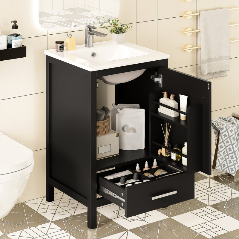 Meuble-lavabo de 20 pouces avec assemblage facile, lavabo en céramique et tiroir à fermeture en douceur pour une installation rapide. Portes compactes, tablette de porte double couche
