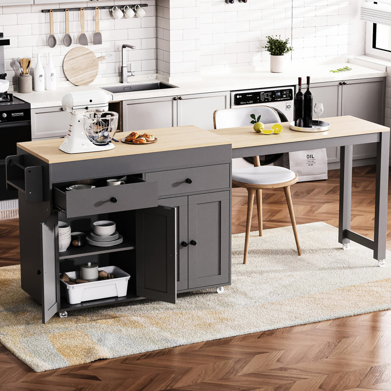 Îlot de cuisine 74,5 pouces avec charnière de porte en métal et support à épices gris