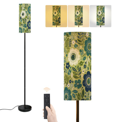 Floor Lamp Botanical Floral Vintage Green Dark Blue Teal Flowers Inspired Dimmable Modern Standing Lamp with Remote Control Footswitch Bulb Lampshade Tall Pole Corner Lamp for Living Room Bedroom Office