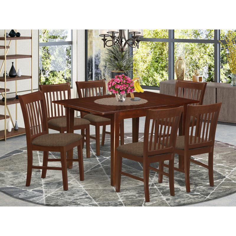 7 Piece Kitchen Table Set Consist of a Rectangle Dining Table with Butterfly Leaf and 6 Linen Fabric Dining Room Chairs, Mahogany