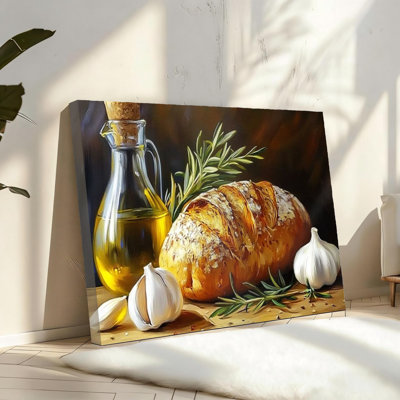 Cuisine, pain de cuisine, pain français, impression sur toile verte, rétro, peinture de nourriture, décoration de salle à manger, cadre en bois massif, 16 po x 24 po