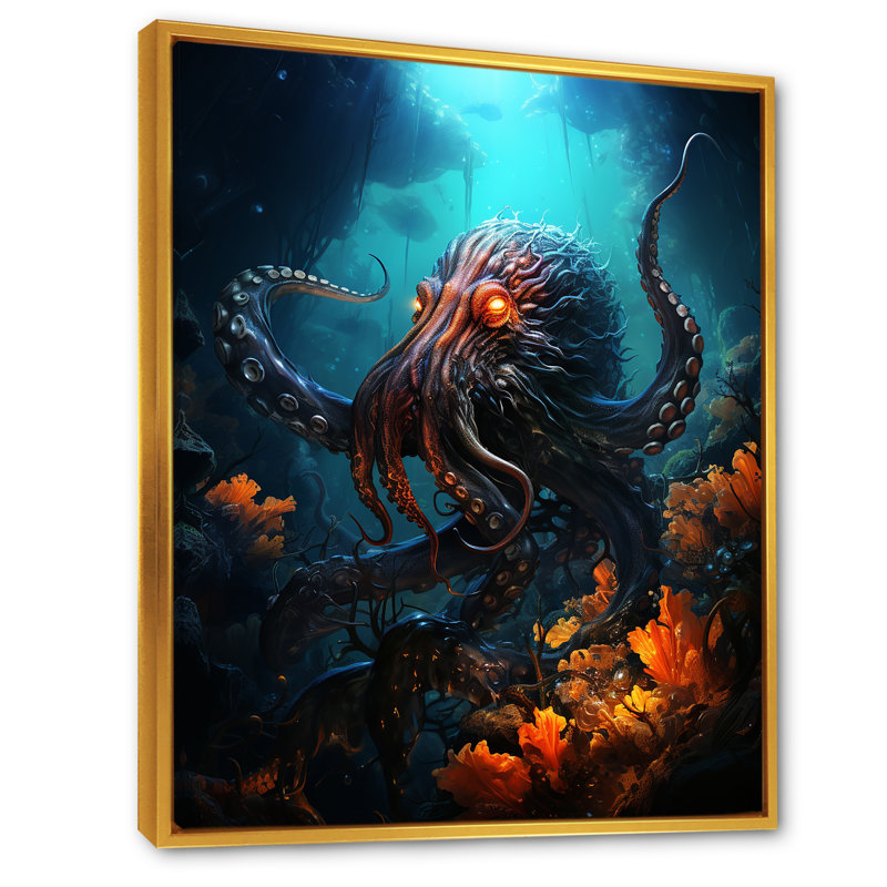 Superheros Octopus Warrior sur impression sur toile, Cadre flottant doré, H 32 po x l 24 po x P 1 po