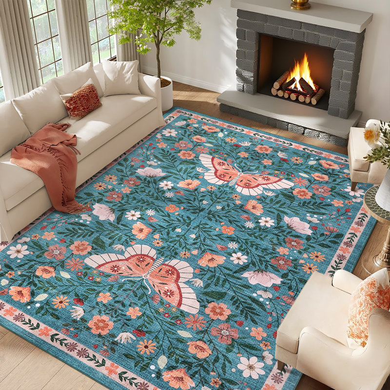Washable Area Rug Non-Slip,Collapsible,Mark Resistant Butterfly Carpet for Bedroom,Living Room,Hallway,Kitchen,Entryway, Blue