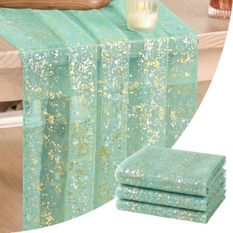 3Pcs Turquoise Gauze Gold Table Runner 10FT, Glitter Metallic Foil Sheer Dining Wedding Anniversary Holiday Table Decor for Home Party