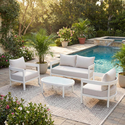 Ensemble de conversation moderne courbé en aluminium 4 pièces, 2 chaises simples + causeuse + table basse ovale en verre, cadre blanc avec coussins résistants aux intempéries, idéal pour la cour, la terrasse et la piscine