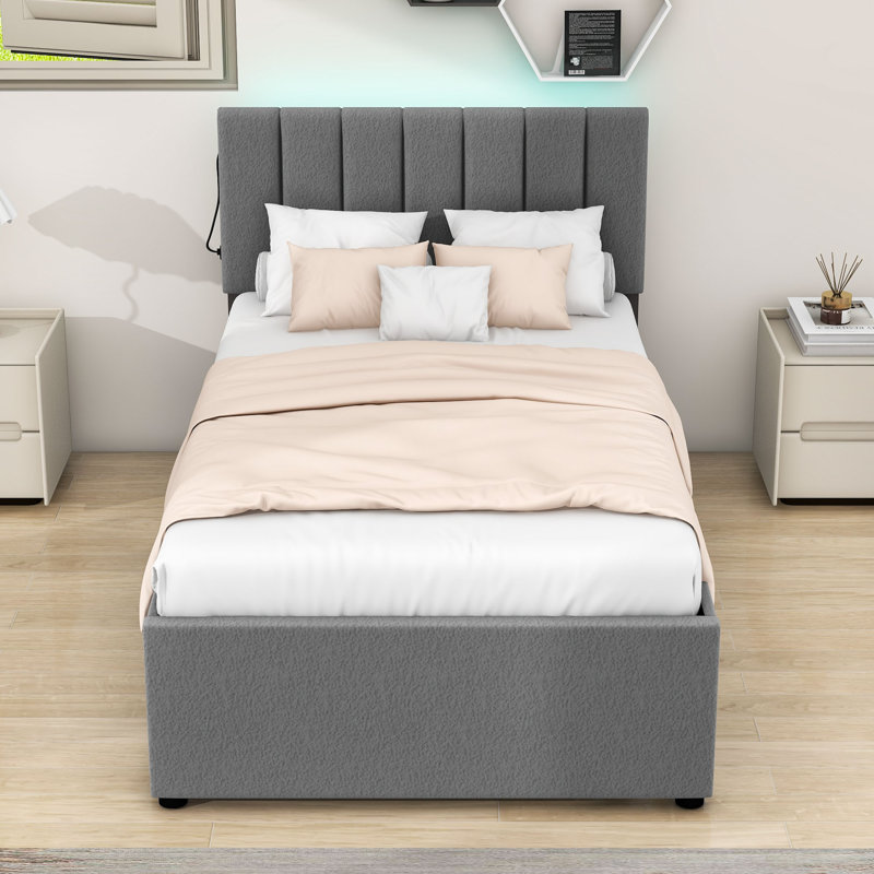 Lit plateforme tapissier en bois avec lit gigogne et tête de lit, Simple, gris