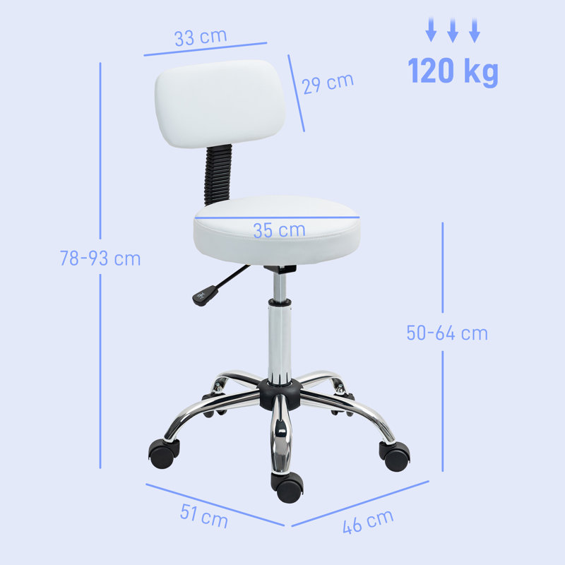 Backed Adjustable Height Industrial Stool, White