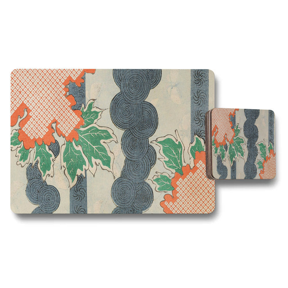Vintage Floral Placemat And Coaster Set In Blue Orange Pattern