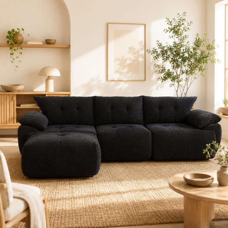 Grand canapé modulaire en chenille Lieber avec dossier en forme de corne et silhouette en nuage, Black