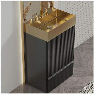 Gada 20" Striped Matt Black Bathroom Vanity with Integrated Brushed Gold Stainless Steel Bathroom Sink, Freestanding Bathroom Cabinet for Modern Bathroom, One-Piece Gold Metal Basin without Faucet, KD
