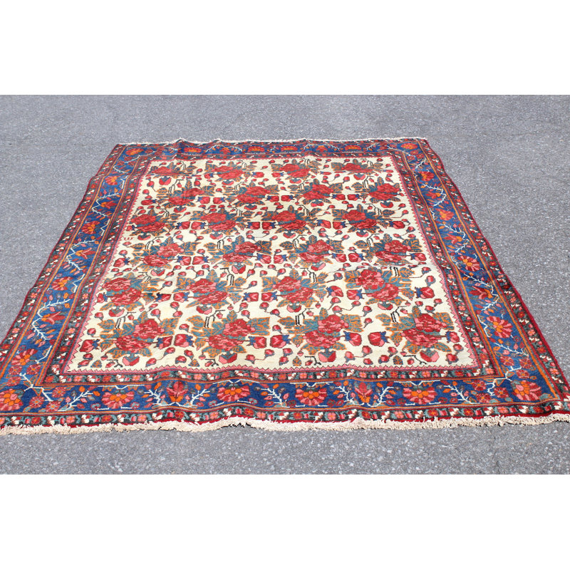 Tapis Darshanna crème floral 5 x 8 rétro avec bordure bleue