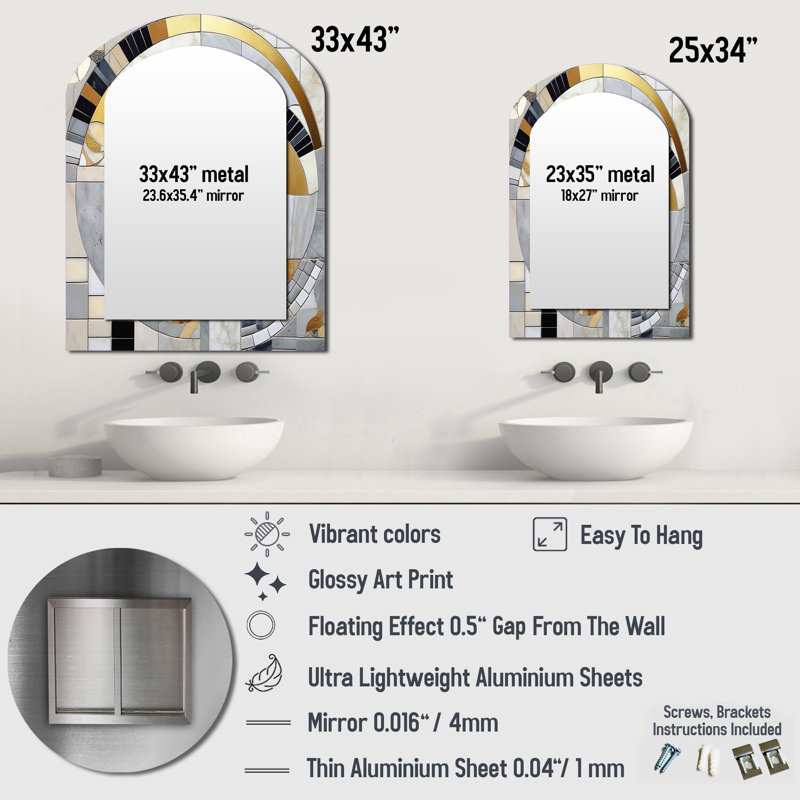 Grey and Yellow Mosaic IV - Abstract Shapes Asymmetrical Large Wall Mirror, Modern Arch Unique Mirror, Printed Metal Art