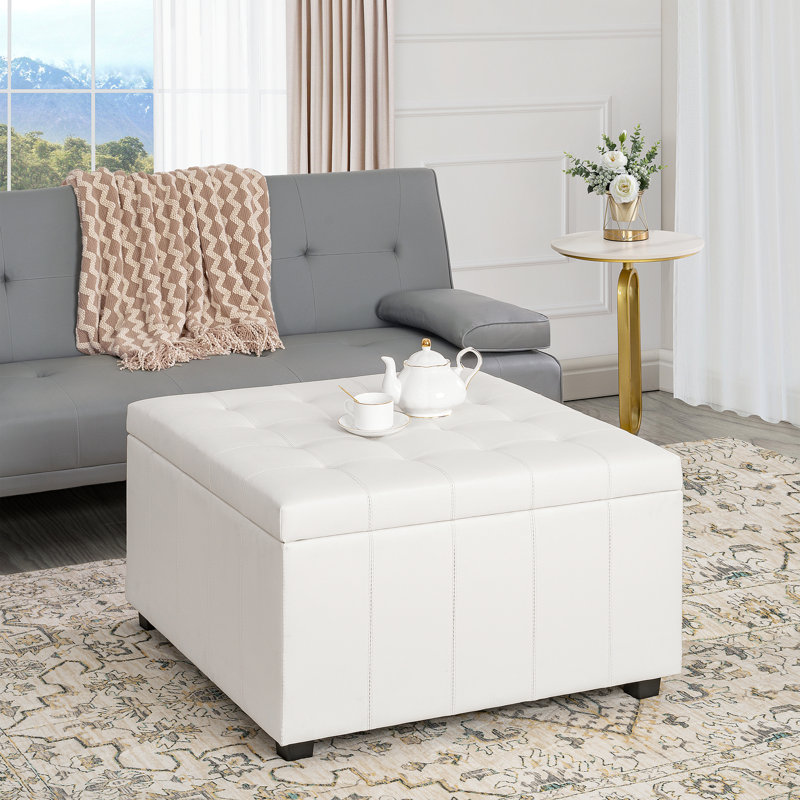 Grande table basse avec repose-pieds capitonnée et rembourrée avec rangement de 31 po Dearrius Vegan, Similicuir blanc