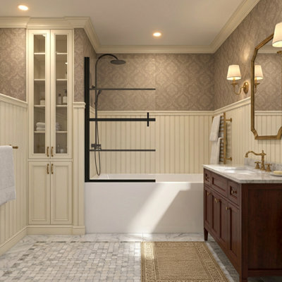 31.5"w X 55"h Frameless Pivot Bathtub Shower Door, 1/4" (6mm) Tempered Glass, 180° Pivot Hinge, Zinc Alloy Double Handle, Black