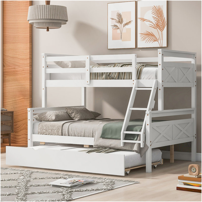 Lit simple superposé au dessus d'un lit double avec échelle, lit gigogne simple, barrière de sécurité, blanc
